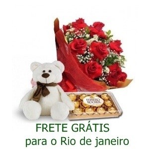 Buque com 13 Rosas Vermelhas Urso e Ferrero Rocher 